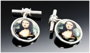 Gents Silver Cufflinks, The Circular Fronts Showing An Image Of The Mona Lisa, Chain Fittings.