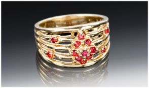 14ct Gold Dress Ring, Set With Round Cut Red/Orange Faceted Gemstones, Stamped 585, Ring Size O,