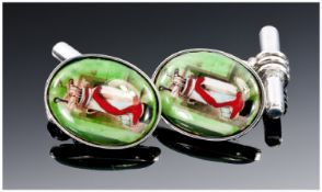 Gents Silver Cufflinks, The Oval Fronts Showing Golf Bags, Chain Fittings. Stamped 925.