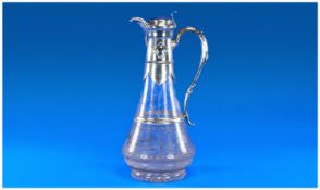 Victorian Silver Plated Engraved and Etched Glass Claret Jug. c.1860`s, tapered shape. Stands 11.5