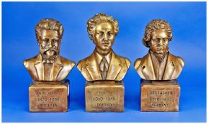 Three Brass Busts, Realistically Modelled Showing Johann Strauss, Beethoven & Chopin. Height 9½