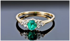 9ct Gold Emerald And Diamond Ring, Central Oval Emerald Set Between Six Round Cut Diamonds, Fully