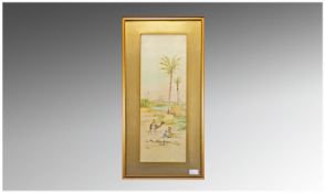 Framed Watercolour Desert Arab Scene, gilt frame, signed indistinctly lower right. 8 x 22 inches.