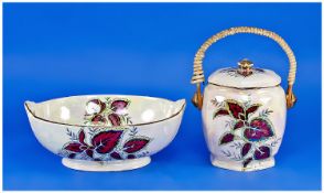 Maling 1930`s Lustre Footed Bowl, with matching hexagonal biscuit barrel, each decorated with