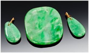 Green Jade Disc (44 x 36 x 5mm) Together With Two Pear Shaped Drops.