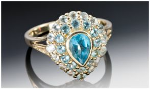 9ct Gold Dress Ring, Set With Blue Faceted Stones, Fully Hallmarked. Ring Size P.