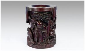 Very Large Chinese Hand Carved Hardwood Brush Pot. The decoration featuring Shou Lao, the Chinese