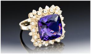 14ct Yellow Gold Amethyst & Diamond Ring, Set With A Cushion Cut Amethyst (Estimated Weight 7.30ct)