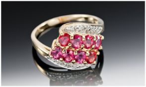 9ct Gold Dress Ring, Set With Round Cut Red/Orange Faceted Gemstones And Diamond Chips, Fully