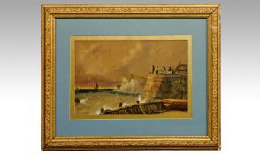 `Follower of Leitch` Framed Watercolour, Fisherman on the Wharf, White Cliffs of Dover`. Gilt