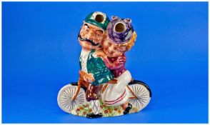 Shorter `Daisy, Daisy` Double Spill Vase, showing a couple in Edwardian attire riding `a bicycle