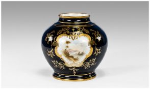 Coalport Squat Ovoid Hand Painted Vase, small lake and mountain scene within a gilt rococo