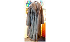 Saga Blue Fox Fur Full Length Coat, shawl collar with short haired fox strip lining, vertical