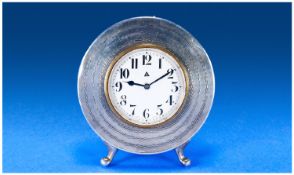 Art Deco Circular Shaped Silver Table Clock, 8 day movement. 4 inches high. Hallmark Birmingham