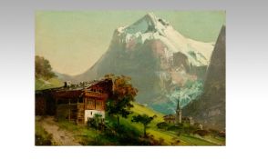 Late 19th Century European School. Mountain and Chalet Scene. 05``x07`` oil on board in gilt frame.