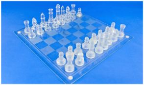 Glass Chess Set & Board with clear & frosted pieces.
