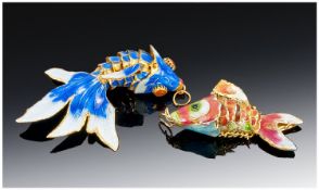 Two Silver Enamelled Articulated Fish Pendants.
