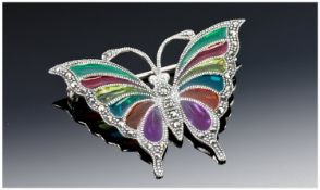 Silver Enamelled Brooch, In The Form Of A Butterfly, Stamped 925