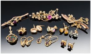 Collection Of 9ct Gold Jewellery, Comprising 7 Pairs Of Earrings, Swivel Fob And 3 Bar Brooches.