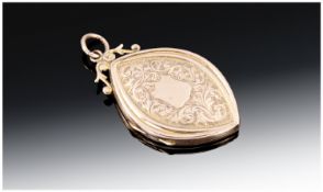9ct Gold Back & Front Locket, Boat Shaped Form With Scroll Finial, Engraved Decoration.