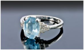 18ct White Gold Aquamarine And Diamond Ring, Central Oval Aqua, Between Diamond Set Shoulders,