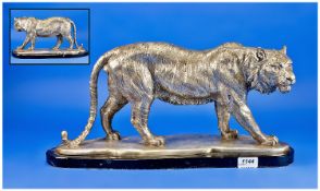 Fine 20th Century Impressive And Quality Silvered Cast Metal Figure Of A Tiger in a prowling