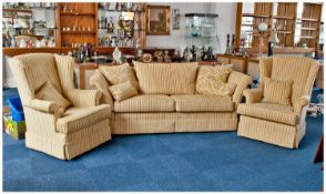 Classic Gold and Beige Striped Three Piece Suite, comprising a Knole style three seater settee and