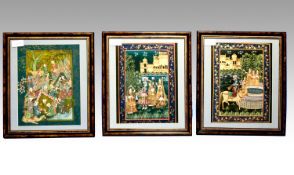 3 x Indian Art - Decorative Genre Scenes. Gouach And Gold paint on silk. Each 10`` x 8``. 20th