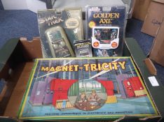 Vintage Magnet Tricity Set, (appears unused) and two used hand held electronic games.