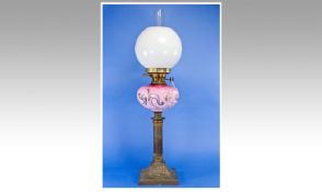 Edwardian Fine Brass and Glass Parlour Oil Table Lamp. This column raised on an embossed stepped