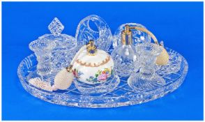20th Century Glass Dressing Table Set, comprising oval tray, trinket pot, squat candlesticks,