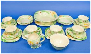 Grindley`s Hand Painted 28 Piece Tea Service, circa 1930`s, `Daffodil` pattern. Comprises 6 cups