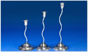 Georg Jensen Style, Unusual Stylistic Set of Silver Graduated Snake Twist Candle Holders. Circa