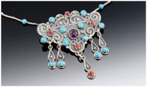 Mexican Silver Pendant/Brooch And Chain, Set With Turquoise And Coral Coloured Stones.