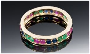 14ct Gold Full Eternity Ring Set With Emerald, Ruby And Sapphire Coloured Stones. Stamped 585, Ring