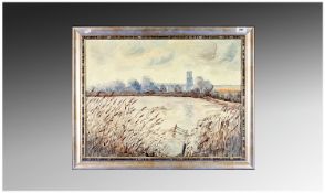 Eva Chapman Oil on Board, depicting Cathedral in background set amongst wooded area with a lake and