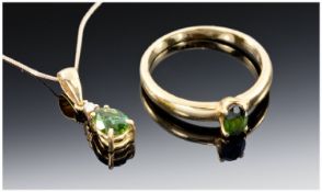 18ct Gold Brazilian Green Tourmaline Pendant, Pear Shaped Tourmaline Below A Round Modern Brilliant