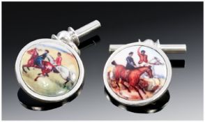 Gents Silver Cufflinks, The Circular Fronts Showing Hunting/Riding Images, Chain Fittings. Stamped