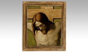 Pre - Raphaenite School - Late 19th Century Crucifixion Scene.  18``x15`` Oil on Gold Ground on