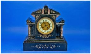 French 19th Century Inlaid Black Marble Mantle Clock with 8 day striking movement on a bell. Good