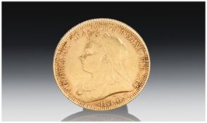 Victorian 22ct Gold Old Head Full Sovereign, Date 1894. Melbourne mint.