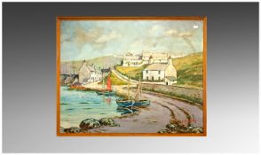 Moi Parry Welsh Artist Modern School Coastal Village, figures on boats. Anglsey Wales. Oil on