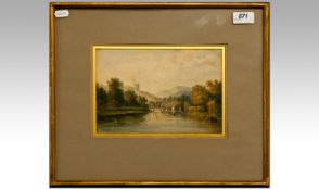 Framed Antique Watercolour `River Scene With Boats` 9.5x6.5``