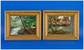 Pair of Masher Oil on boards, Woodland Lake Scenes. gilt frame. 8 inches x 6 inches, both signed