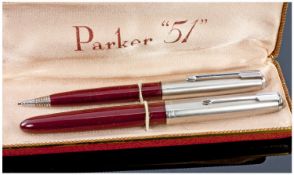 Parker 51 Fountain Pen And Pencil Set, Complete In Original Box.