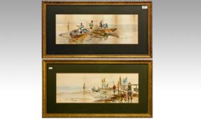 M.H Shoesmith Late 19th Century Artist Pair Of Watercolours coastal scenes, Fisherman & Boats Off