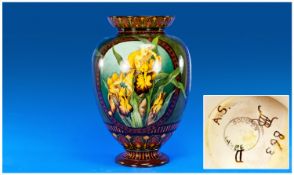 Doulton Lambeth Hand Painted Iris Faience Vase. Artist signed Mary Butterton. c.1880`s. 13.75