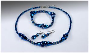 Deep Blue Crystal Necklace, Bracelet and Earrings Set, faceted London Blue topaz coloured crystals