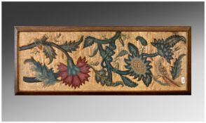 Seventeenth Century Crewel Work Panel in oak frame. 48 by 18 inches.