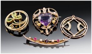 Collection Of Four Early 20thC 9ct Gold Pendants/Brooches, Set With Garnets, Amethyst, Seed Pearl